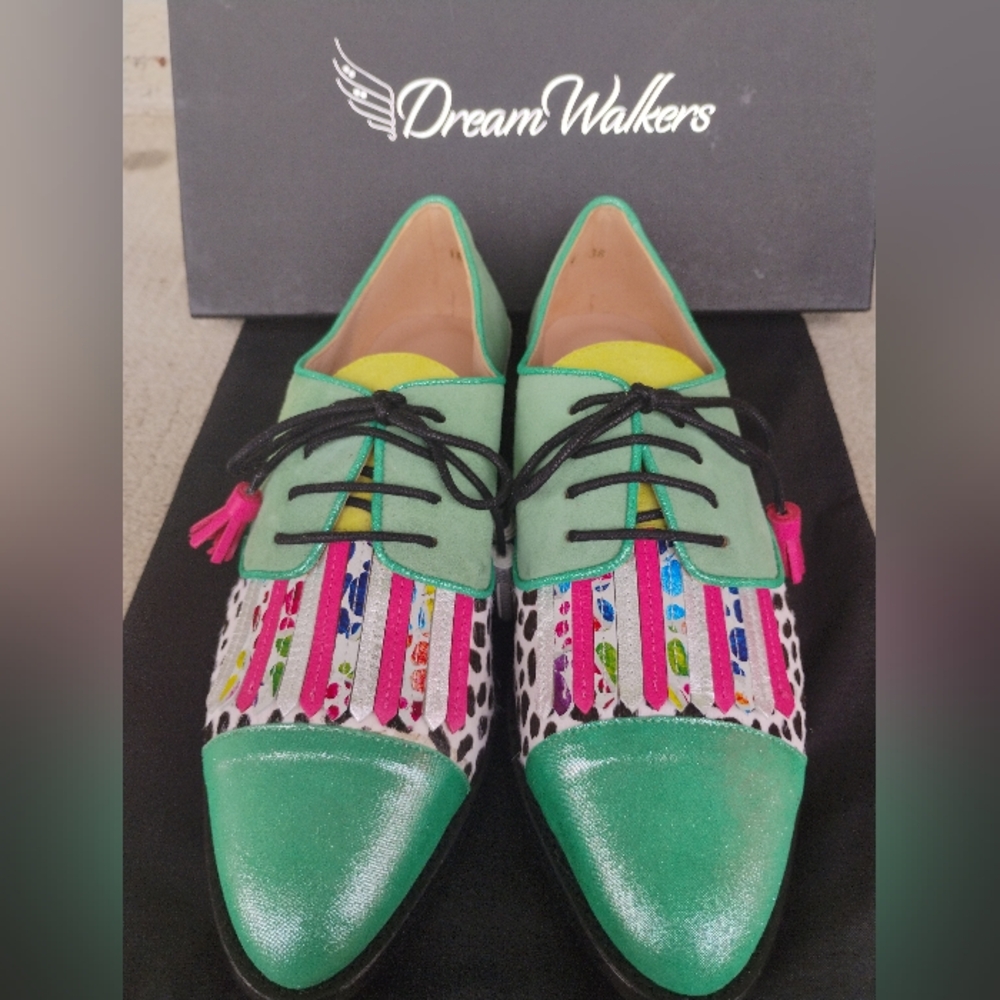 Green Multicolor Handmade Leather Suede Cow Print Oxford Fringe Shoes Size 6-8.5 - Picture 2 of 13